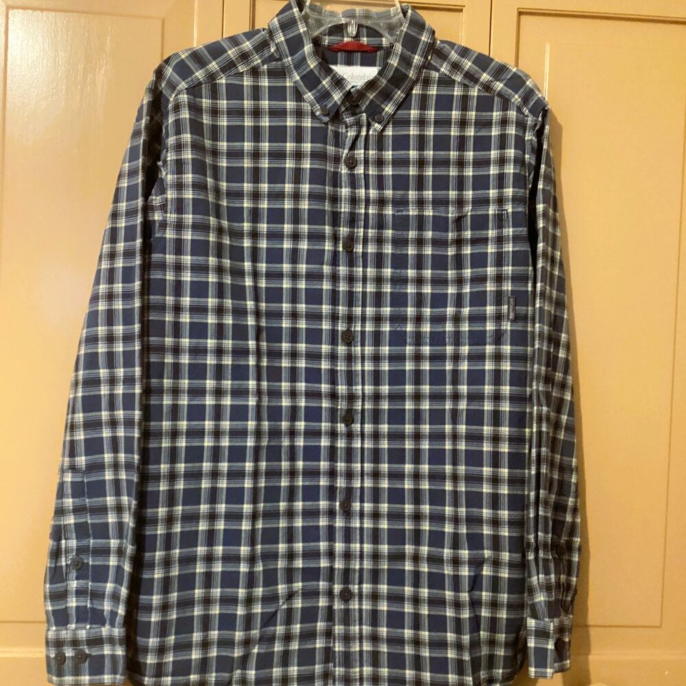 Columbis Long Sleeve Blue & Tan Plaid Shirt. Size Medium.